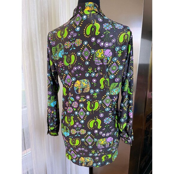 Vintage 70s top, black, neon psychedelic print, elephants, birds, flower power - Picture 7 of 10